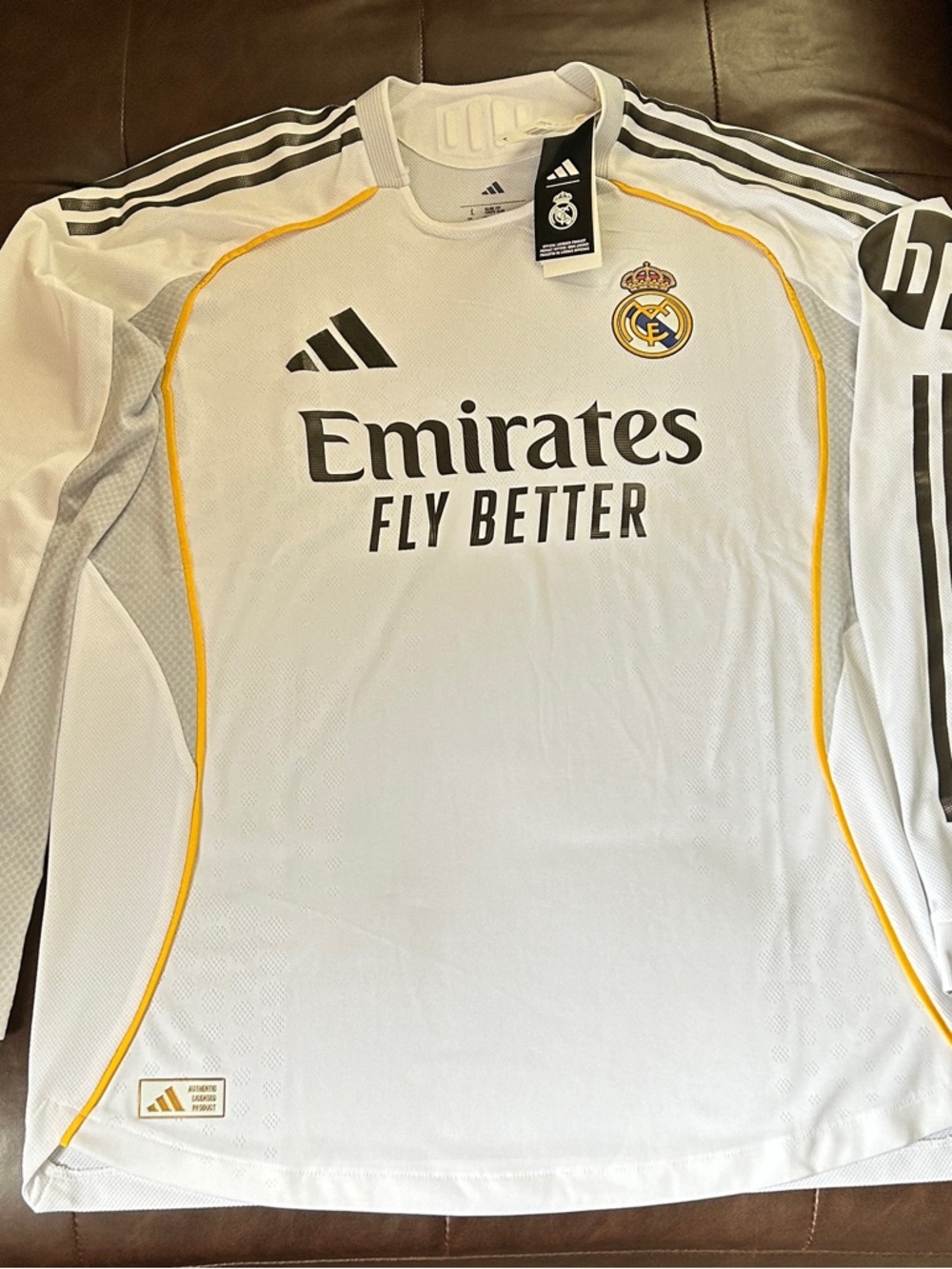 adidas White Real Madrid Field Long Sleeve Jersey with Yellow Accents